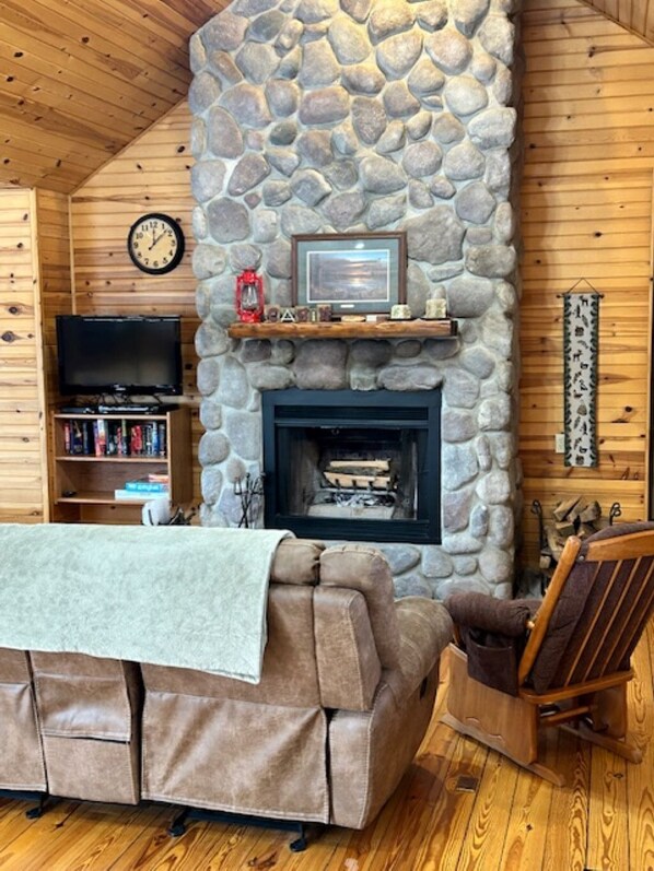 TV, fireplace, DVD player, books