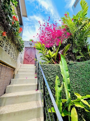 A staircase leading up to a building with a pink door, surrounded by lush greenery and pink flowers. - King Bed, A/C, Fast WiFi, Saltwater Pool, 12 minute walk to beach - "Luna" (San Francisco)