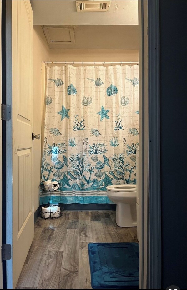 Hair dryer, towels, soap, toilet paper