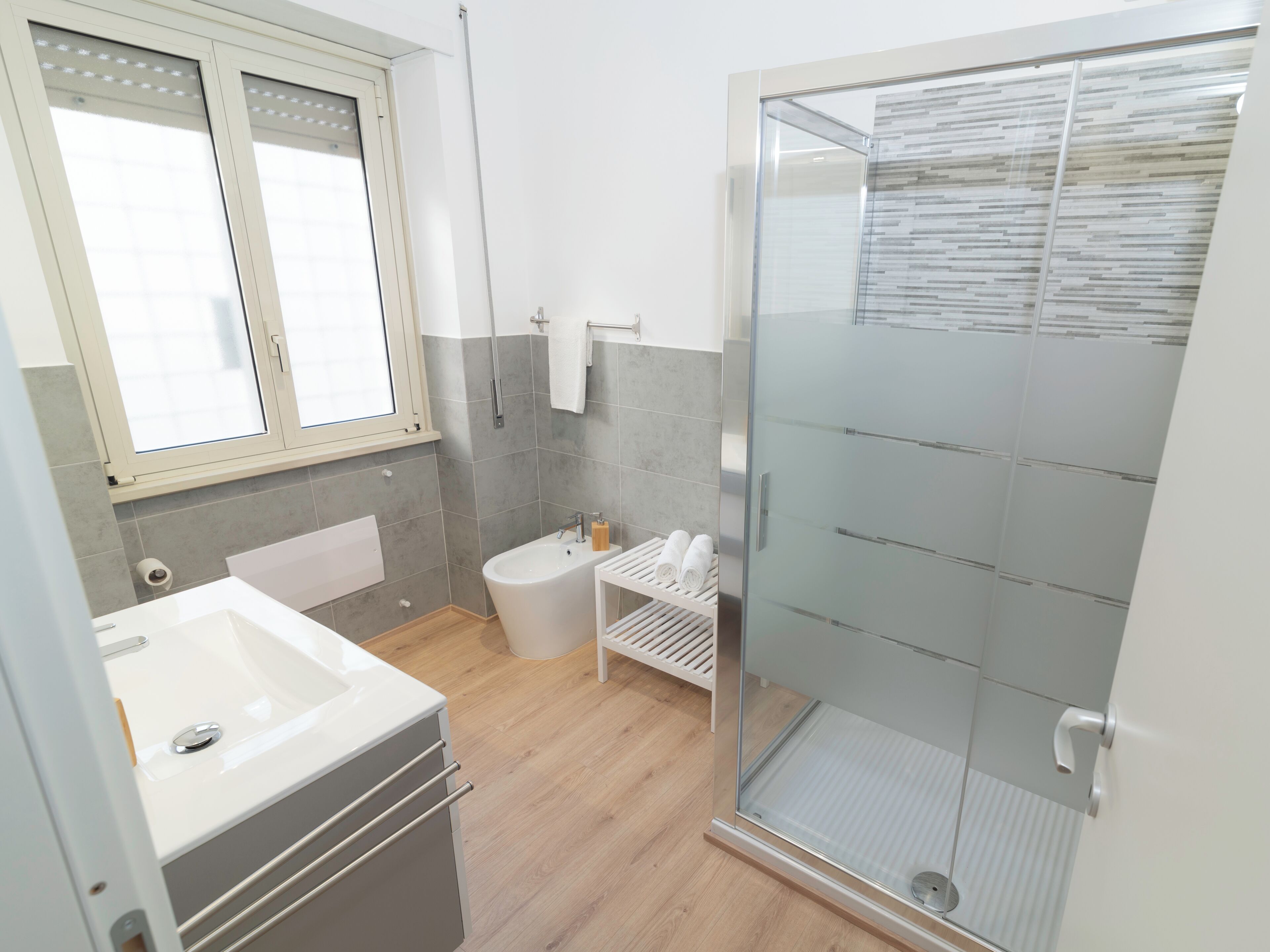Shower, hair dryer, bidet, towels