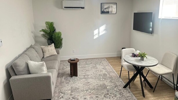 Un salon avec un canapé gris, une petite table ronde, un téléviseur fixé au mur et une plante en pot.