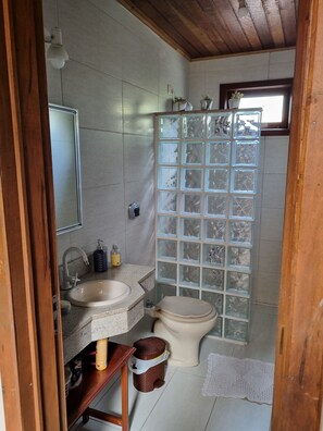 Hair dryer, towels, soap, toilet paper