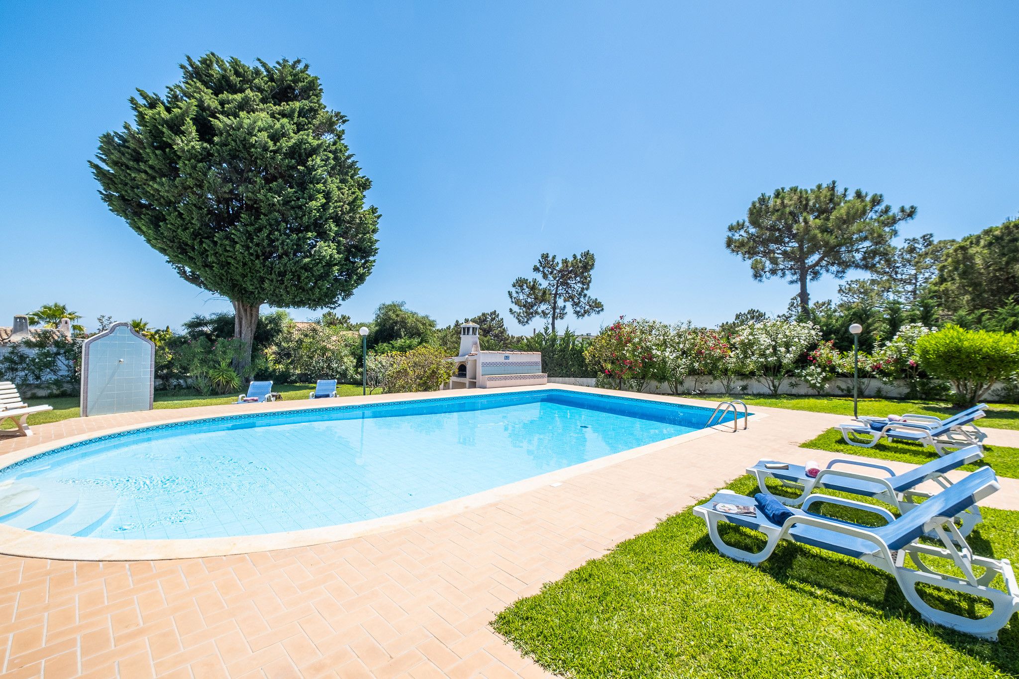 Una piscina con sillas de descanso, un área de barbacoa y un gran árbol.