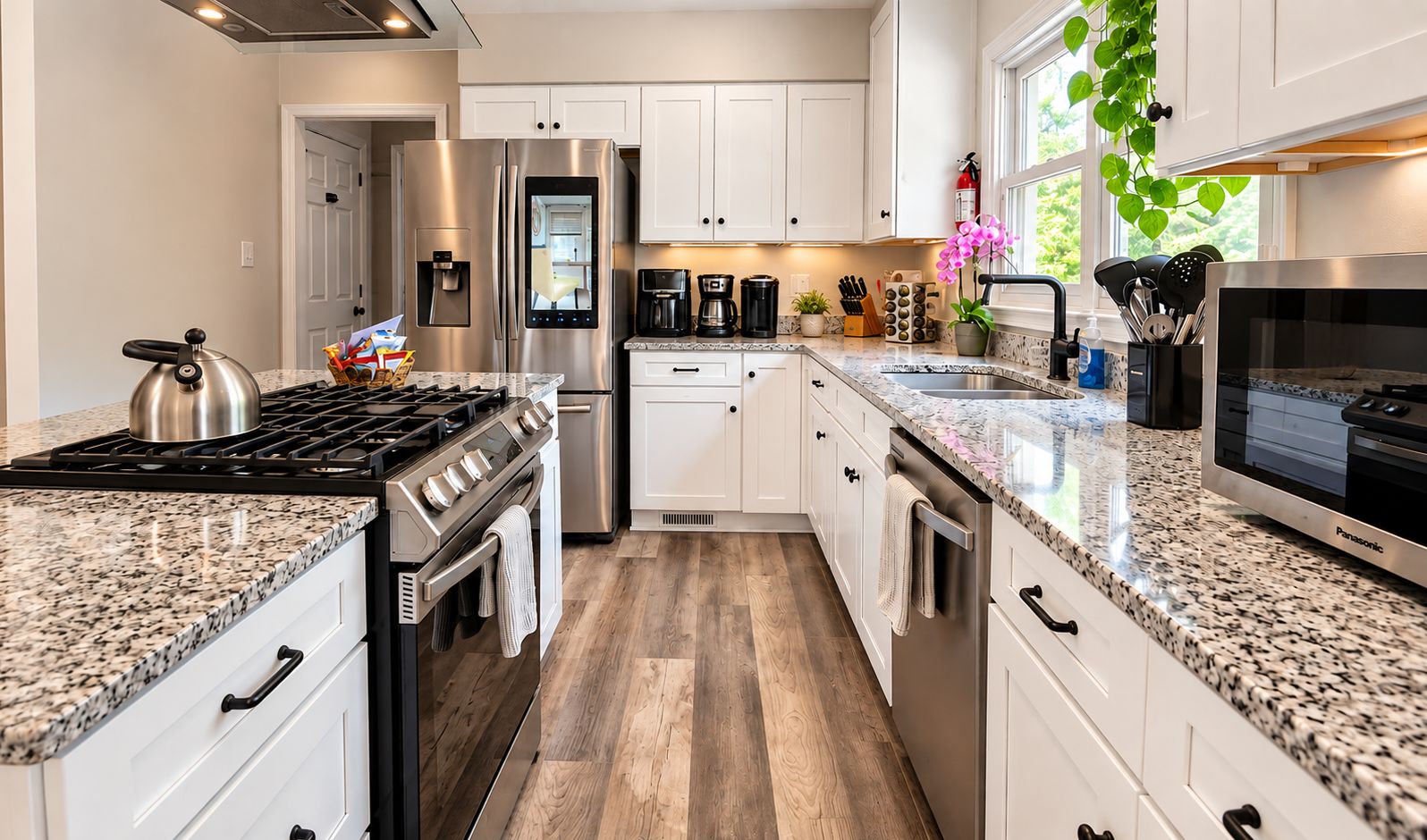 A modern kitchen with stainless steel appliances, granite countertops, and white cabinetry.