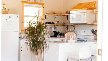 Una cocina con refrigerador, microondas, cafetera y una planta en maceta.