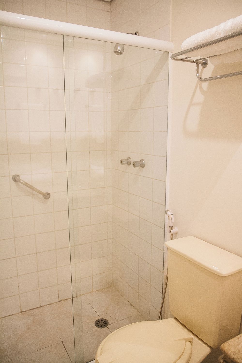 Een badkamer met een douchecabine, toilet en handdoekhouder.