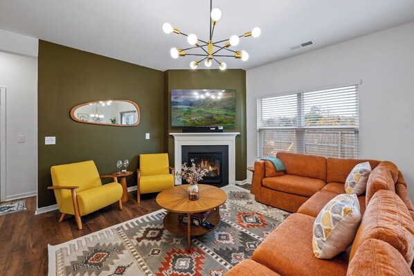 Smart TV, fireplace, video games, foosball