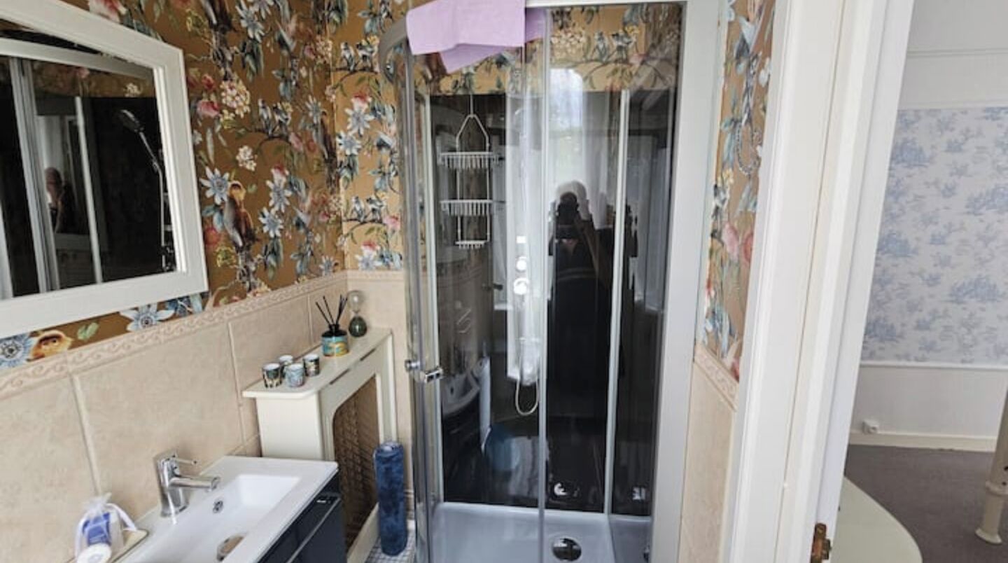 A bathroom with a shower, sink, and mirror.