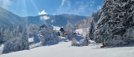 A snow-covered landscape with a house surrounded by trees and mountains.