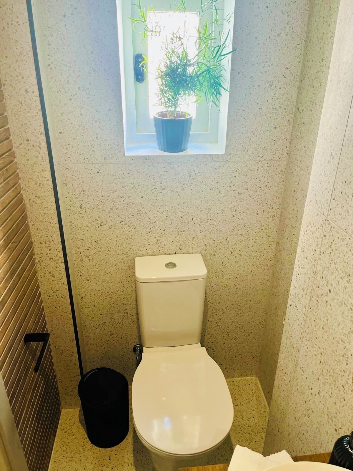 A compact bathroom with a toilet, a small window with a potted plant, and a black trash bin.