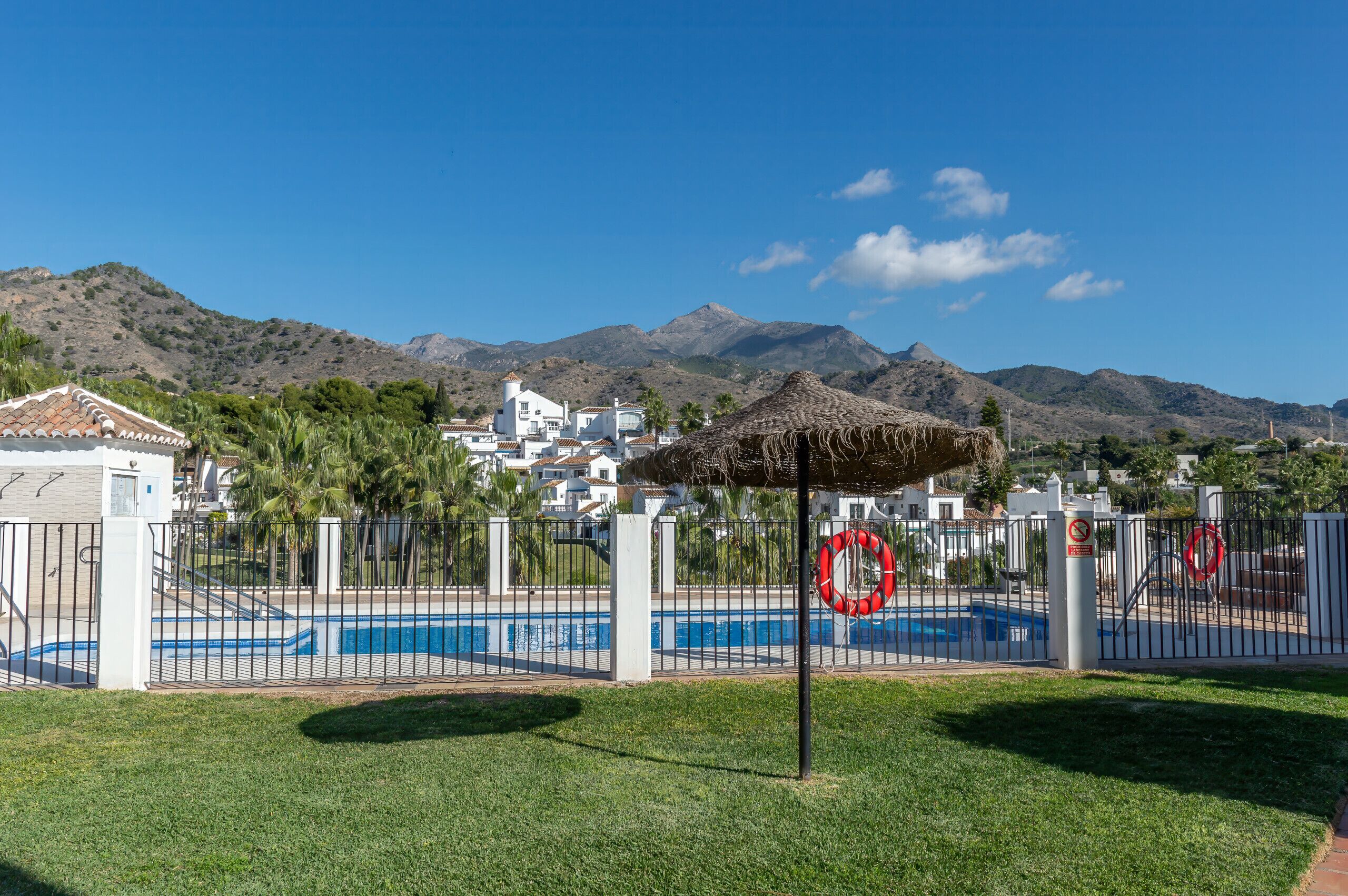 A swimming pool area with a lifebuoy, a thatched umbrella, and a mountain backdrop.