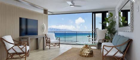 Apartamento de lujo, lanai, vistas al mar | Sala de estar | Smart TV de 55 pulgadas con canales digitales
