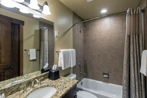 Hair dryer, towels, soap, toilet paper