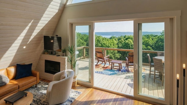 Une chambre de style loft moderne, dotée d’une grande porte-fenêtre coulissante donnant sur un balcon aménagé avec du mobilier d’extérieur.