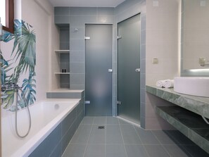 Hair dryer, towels, soap, shampoo