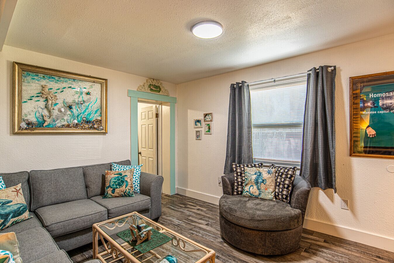 Smart TV, fireplace, books, offices