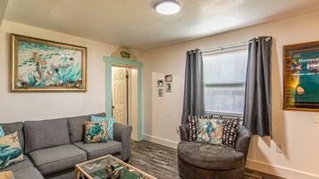 Smart TV, fireplace, books, offices