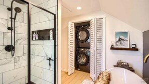 Hair dryer, towels, soap, toilet paper