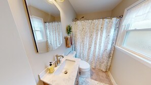 Hair dryer, towels, soap, toilet paper