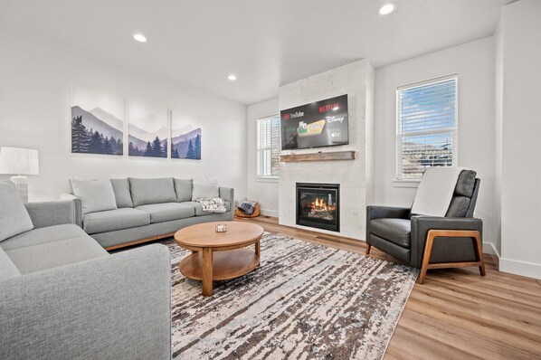 Smart TV, fireplace, table football