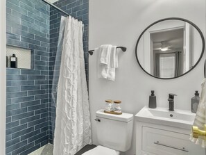 Hair dryer, towels, soap, toilet paper