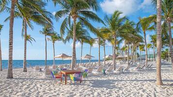 Private beach, white sand, free beach cabanas, sun-loungers