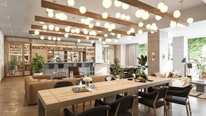 A spacious living area with a wooden dining table, black chairs, and a sofa. There are bookshelves and a kitchen area in the background. - Rainey St LuxuryCondo w/ Balcony (Austin)