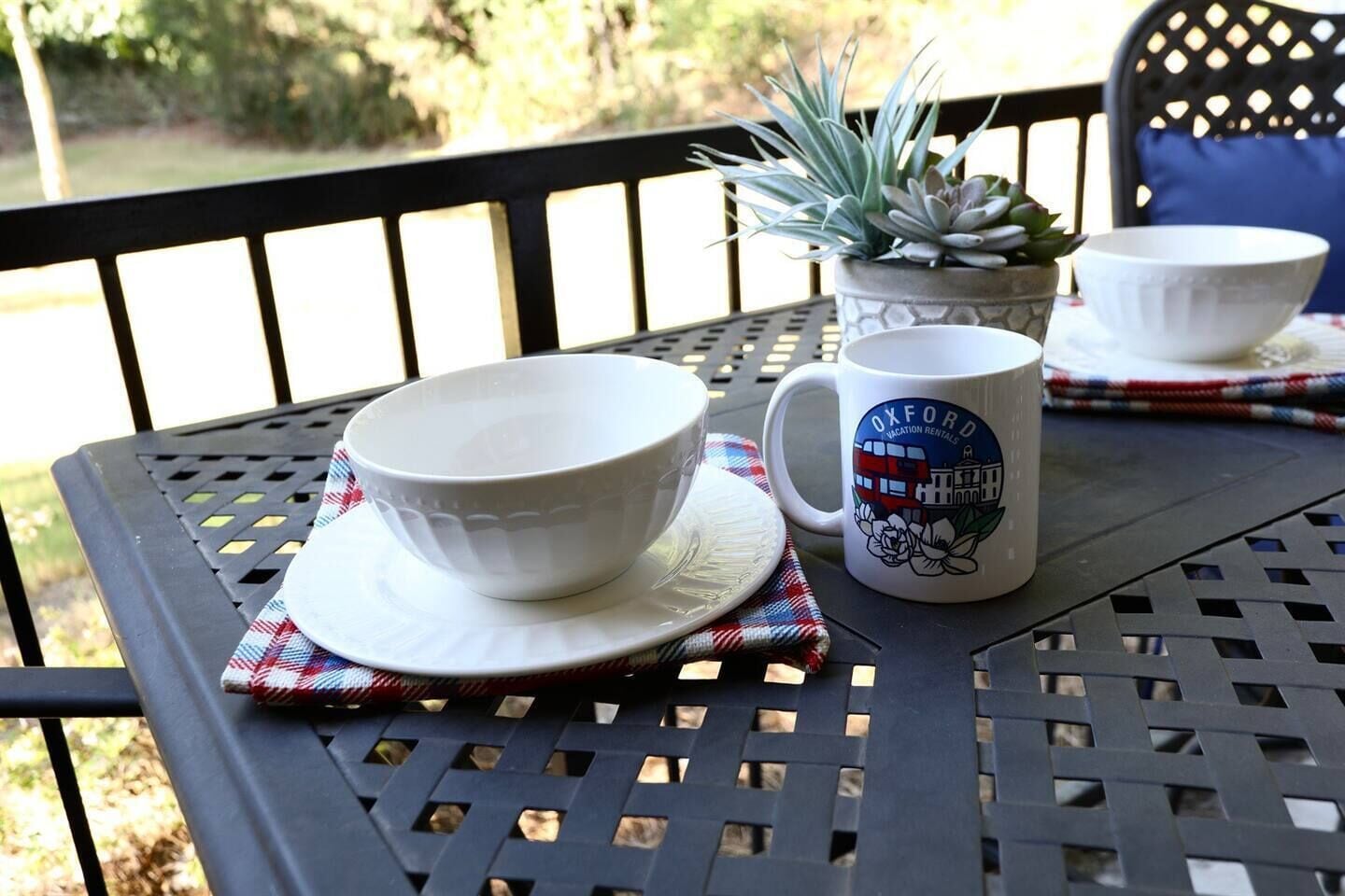 Une table avec un bol et une tasse blancs, une petite plante succulente et un set de table.