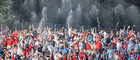 A crowded outdoor event with people standing and cheering, and water being sprayed in the air.