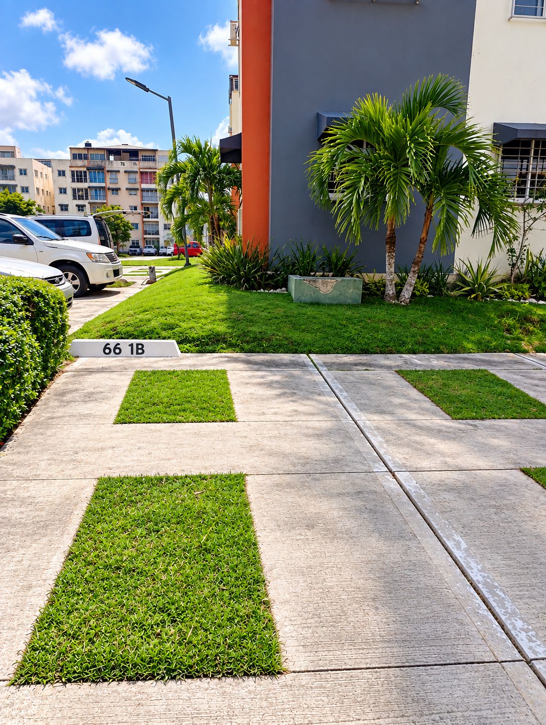 A parking area with marked spaces, a concrete pathway, and a building with a palm tree in the foreground.