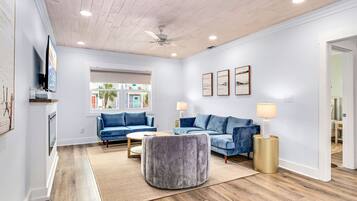 Smart TV, fireplace, books