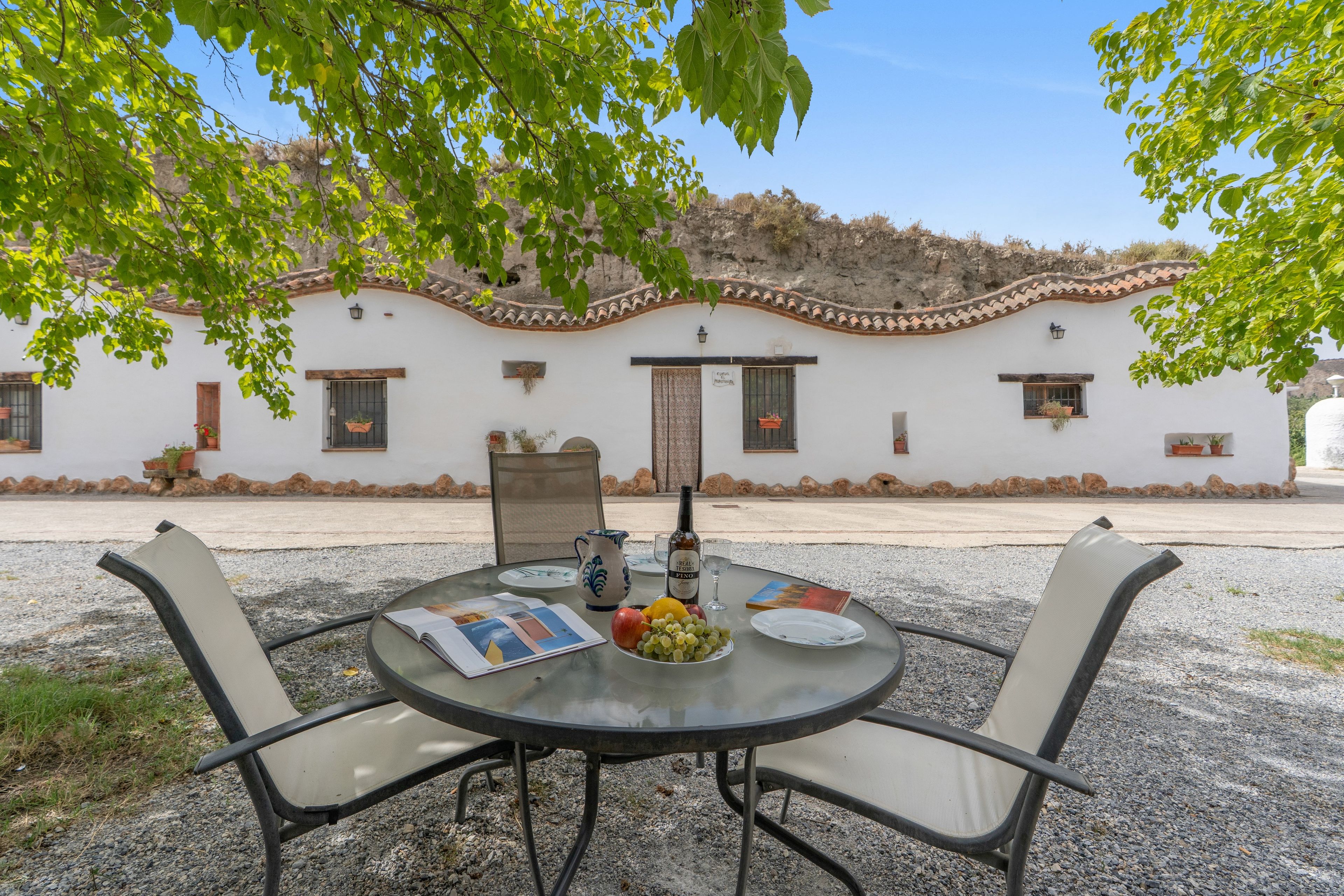 A table set outdoors with a book, a bottle, and fruit.
