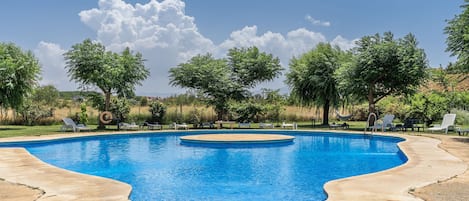 Una piscina de borde curvo, rodeada de sillas de descanso y árboles.