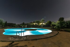 Ein Schwimmbecken mit Steinfassung, umgeben von einer Rasenfläche und Bäumen.