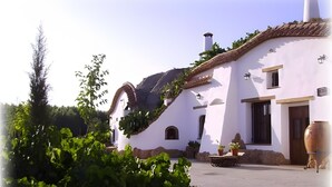 Un edificio blanco con techo curvo, una chimenea y una olla grande en el porche.