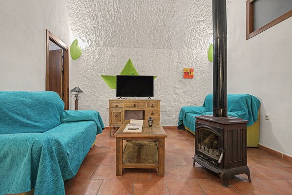 A cozy living room with two teal sofas, a wooden coffee table, a television, a decorative wall, and a wood-burning stove.