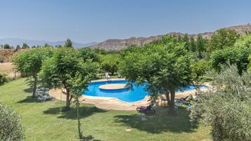 A swimming pool with a surrounding grassy area and trees, set against a mountainous backdrop.