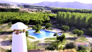 Ein Swimmingpool, umgeben von Grün, ein weißes Gebäude und entfernte Berge.