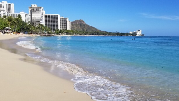 A beach with clear blue water, palm trees, and a mountain in the background.