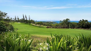 A golf course with a clear view of the ocean and a distant building. - 🏖️Ocean View Kona Condo w/ AC | Golf Course + Lanai (Kailua Kona)
