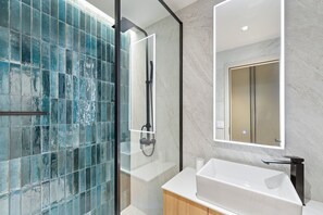 Shower, hair dryer, towels