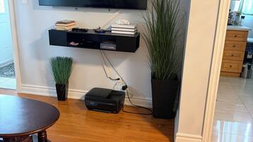 Un salon avec un téléviseur à écran plat fixé au mur, un meuble noir pour appareils électroniques placé en dessous, une table ronde en bois et une plante en pot.