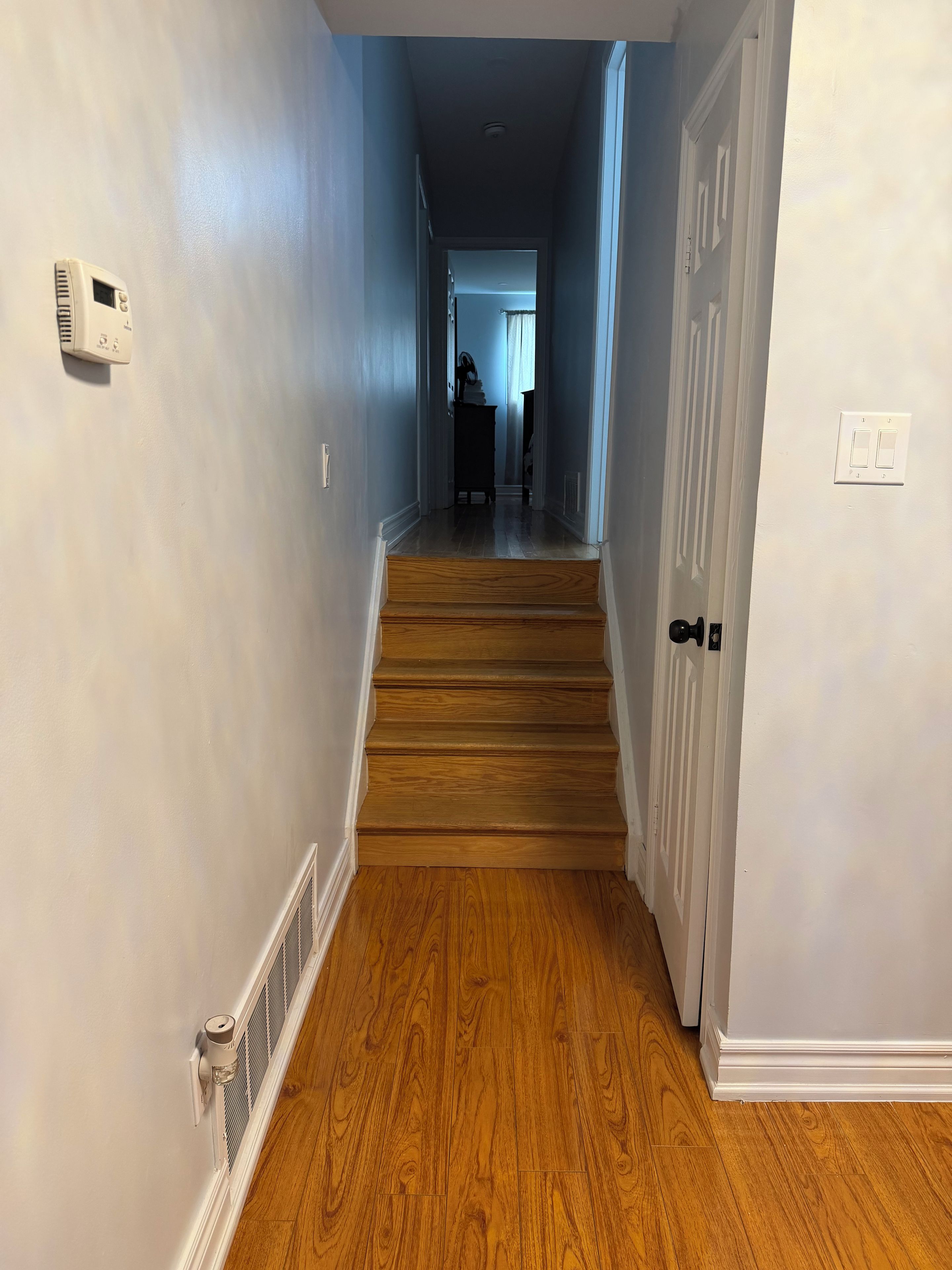 Un couloir avec un plancher en bois, des murs blancs et une porte au fond.