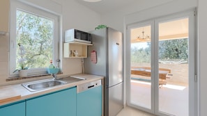 A modern kitchen with a sink, microwave, and refrigerator, a window with an orchid, and a sliding glass door to an outdoor area.