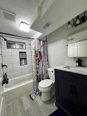 Secadora de cabello, toallas, jabón, shampoo 