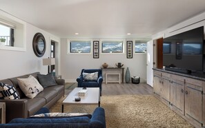 Smart TV, fireplace, DVD player, books