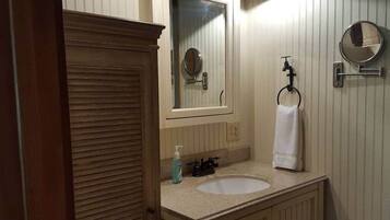 Hair dryer, towels, soap, toilet paper