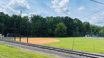 Ein Baseballfeld mit erdschläglichem Innenfeld und grünem Außenfeld, umgeben von Bäumen und einem Zaun.