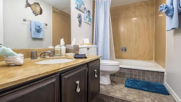 Hair dryer, towels, soap, toilet paper