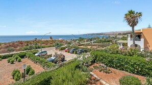 Un área residencial costera con coches aparcados, abundante vegetación y vistas al mar.